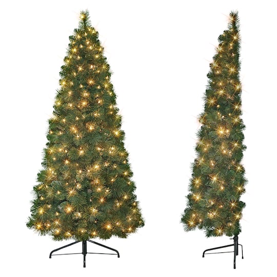 6.5Ft Pre-Lit Wall Half Artificial Christmas Tree, Clear Lights By Puleo International in Green | 6.5 ft | Michaels®